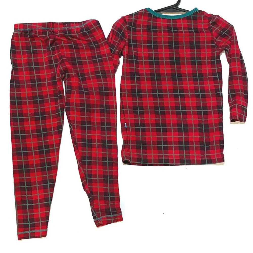 Kickee Pants size‎ 4Y red green plaid 2 pc pj sleepwear set unisex boys bamboo